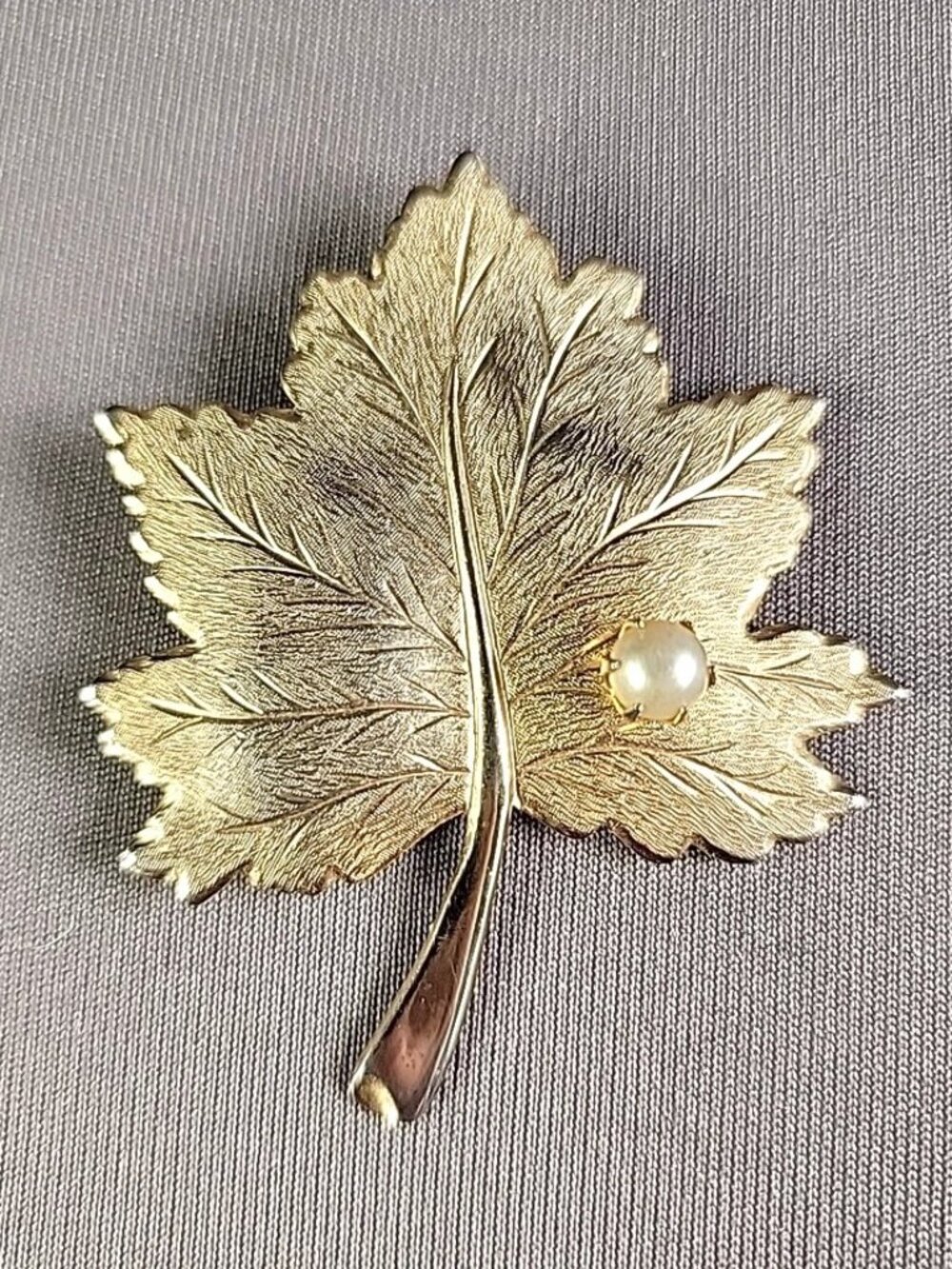 Sarah Coventry Gold Toned Maple Leaf Brooch with Faux Pearl Accent From 1969